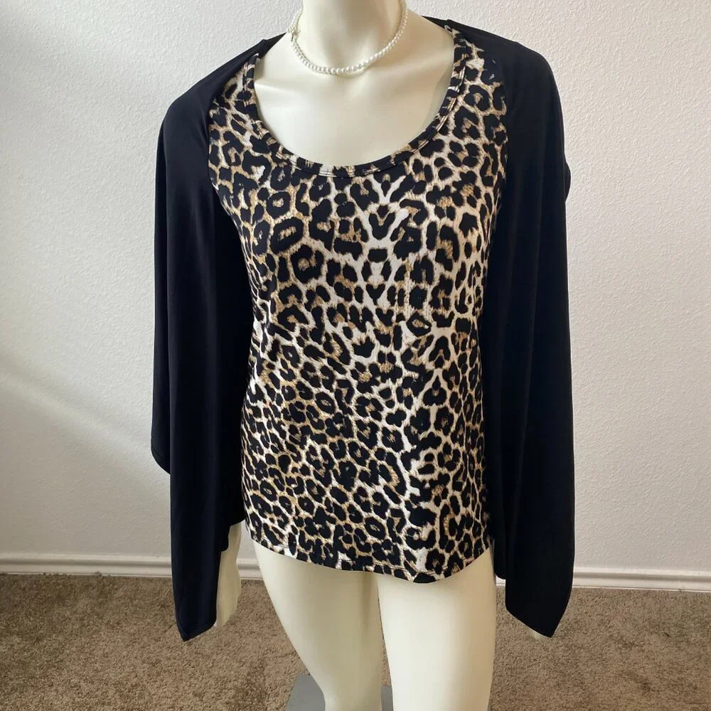 Chaus New York Cardigan Blouse Top 2-in-1 Jaguar print Black Size S $59 - Picture 6 of 8